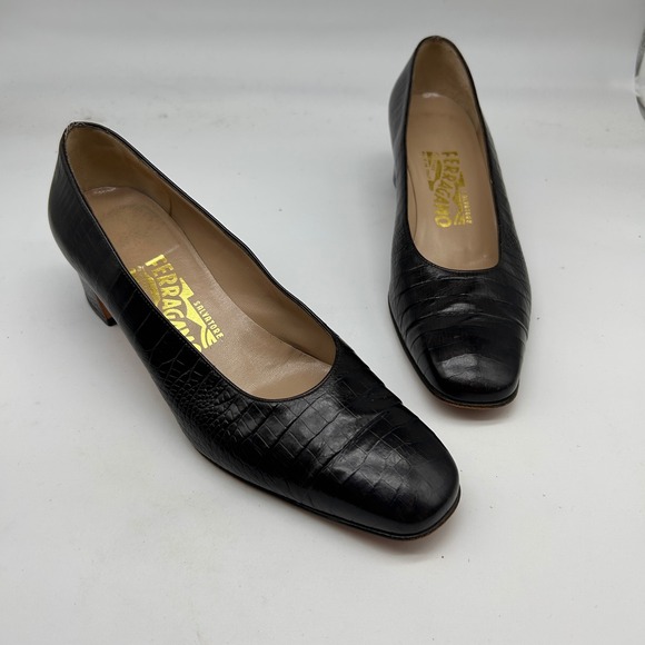 Salvatore Ferragamo Shoes - Salvatore Ferragamo Black Croc Leather Block Heel Pump Square Toe Italy Size 7.5